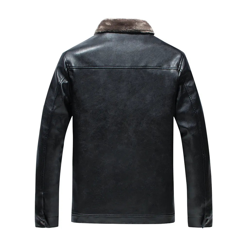 Men's black stand collar PU leather jacket with zip front, medium length, sizes 50 to 60