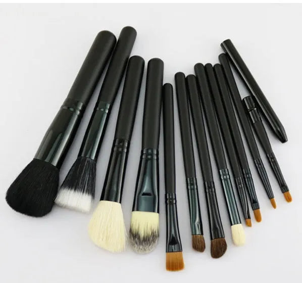 12-piece makeup brush set in PU cylinder tube with wool horse hair fibre heads, wooden handles, black and pink options