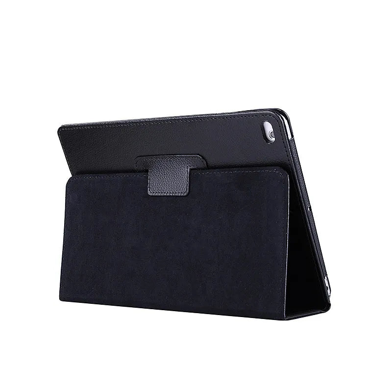 Flat protective case for iPad 2 3 4 9.7 inch in imitation leather with two-fold stand, shown in Black.