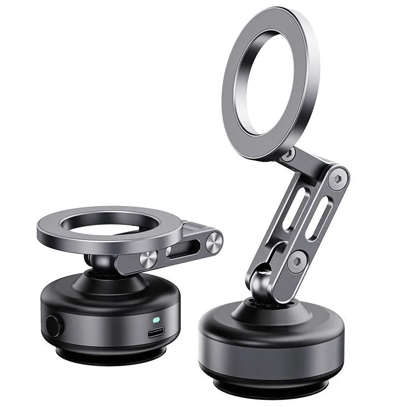 Magnetic car phone holder with vacuum suction cup dashboard mount and 360° rotating adjustment, dark grey.