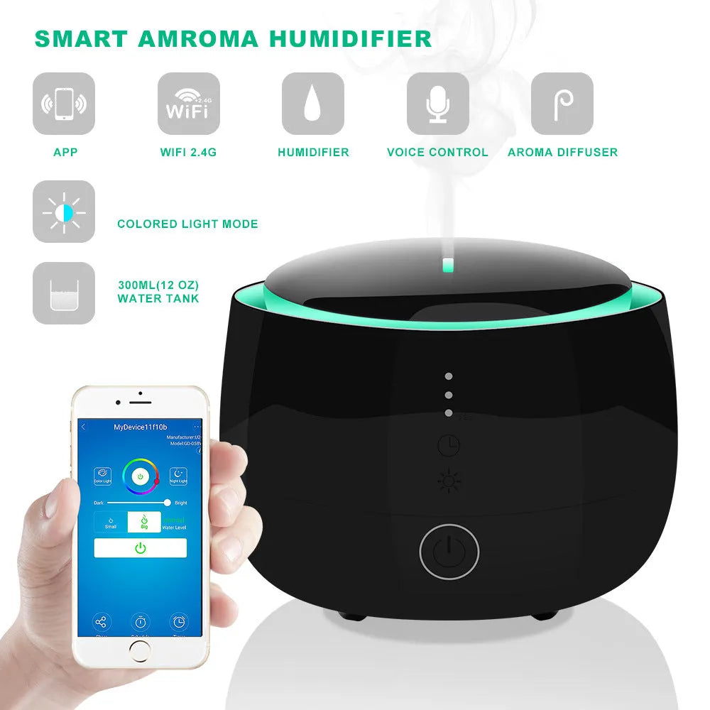 Black smart home aromatherapy humidifier with 300ml tank, LED lights, and touch control, 144mm base diameter.