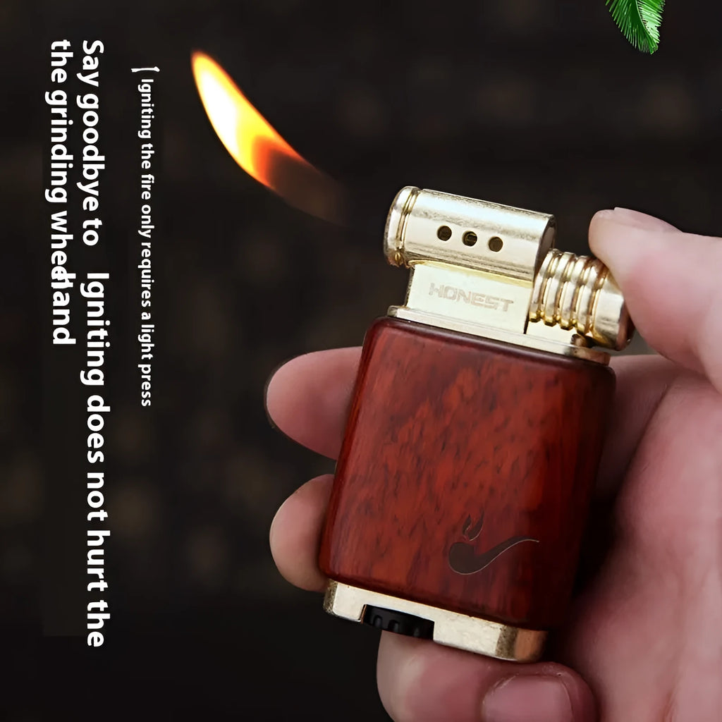 Decorative metal gas lighter with black wood finish and rosewood good luck designs