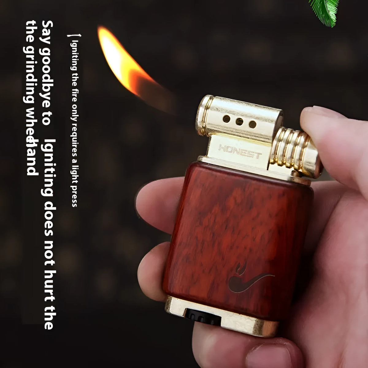Decorative metal gas lighter with black wood finish and rosewood good luck designs
