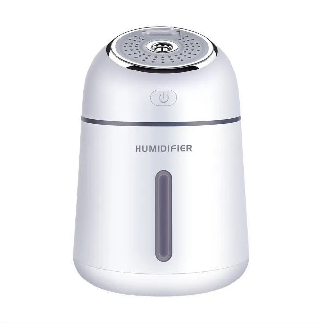 Mini USB ultrasonic humidifier in blue, pink or white, 330ml, 139x96x96mm, with USB fan and LED light