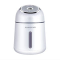Mini USB ultrasonic humidifier in blue, pink or white, 330ml, 139x96x96mm, with USB fan and LED light