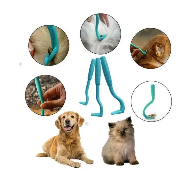 Plastic flea tick extractor tool for dogs and cats, shown in blue and green colour options