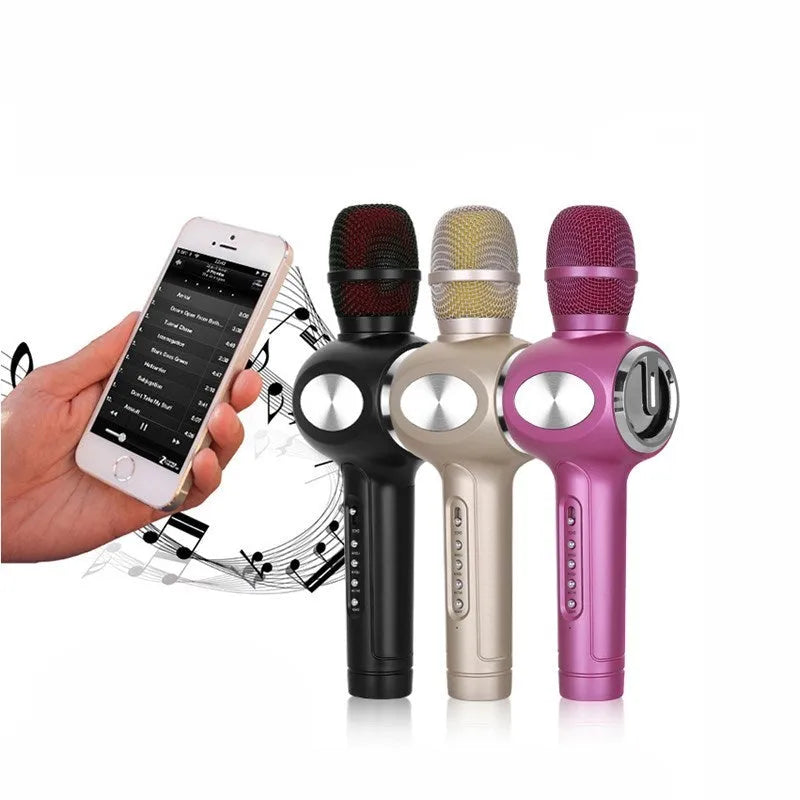 Yaerjia E108 handheld karaoke microphone in black, gold, or pink with rechargeable battery.
