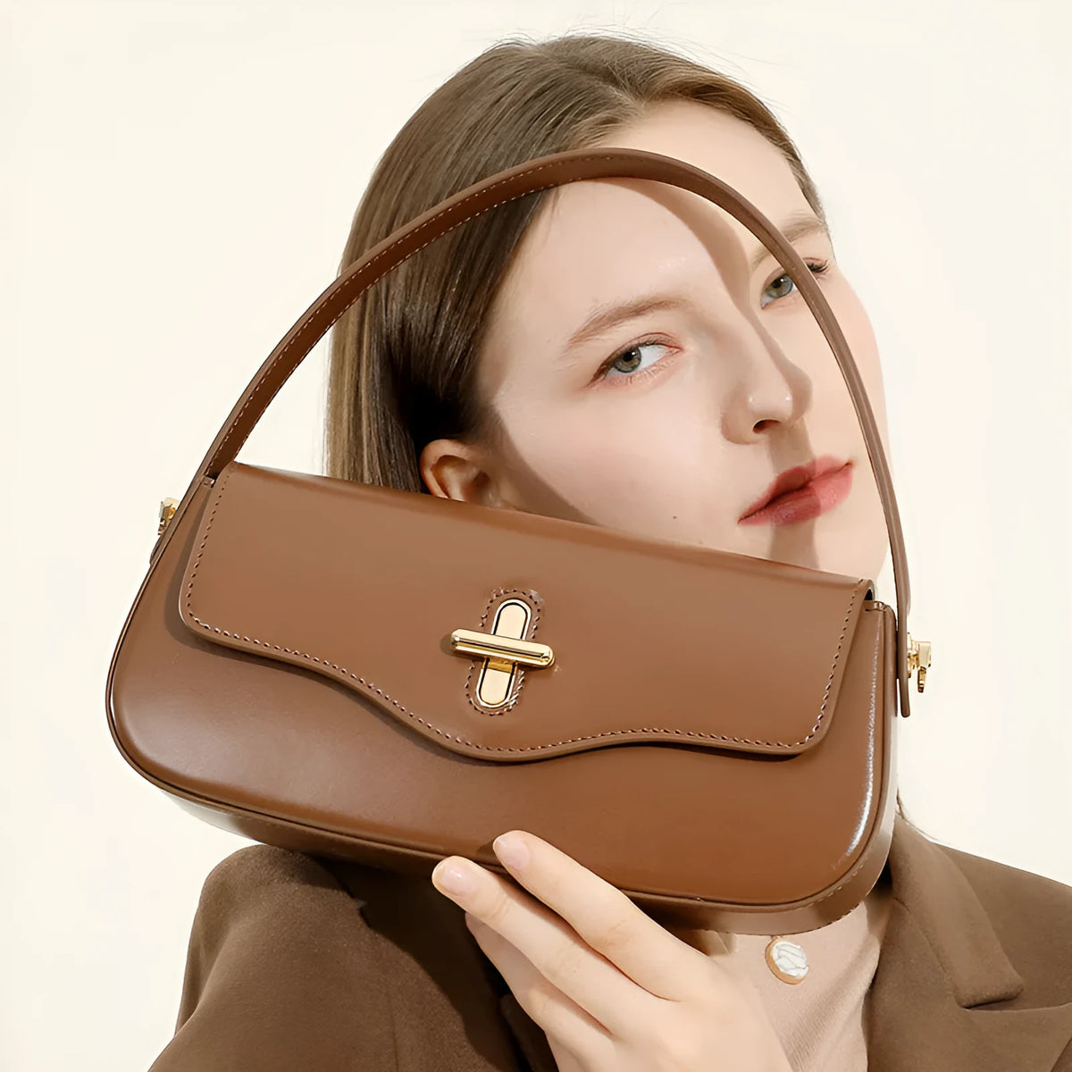 Moon baguette leather handbag in two-layer cowhide, 26 x 5.5 x 13 cm, clamshell shape, black wine red coffee caramel