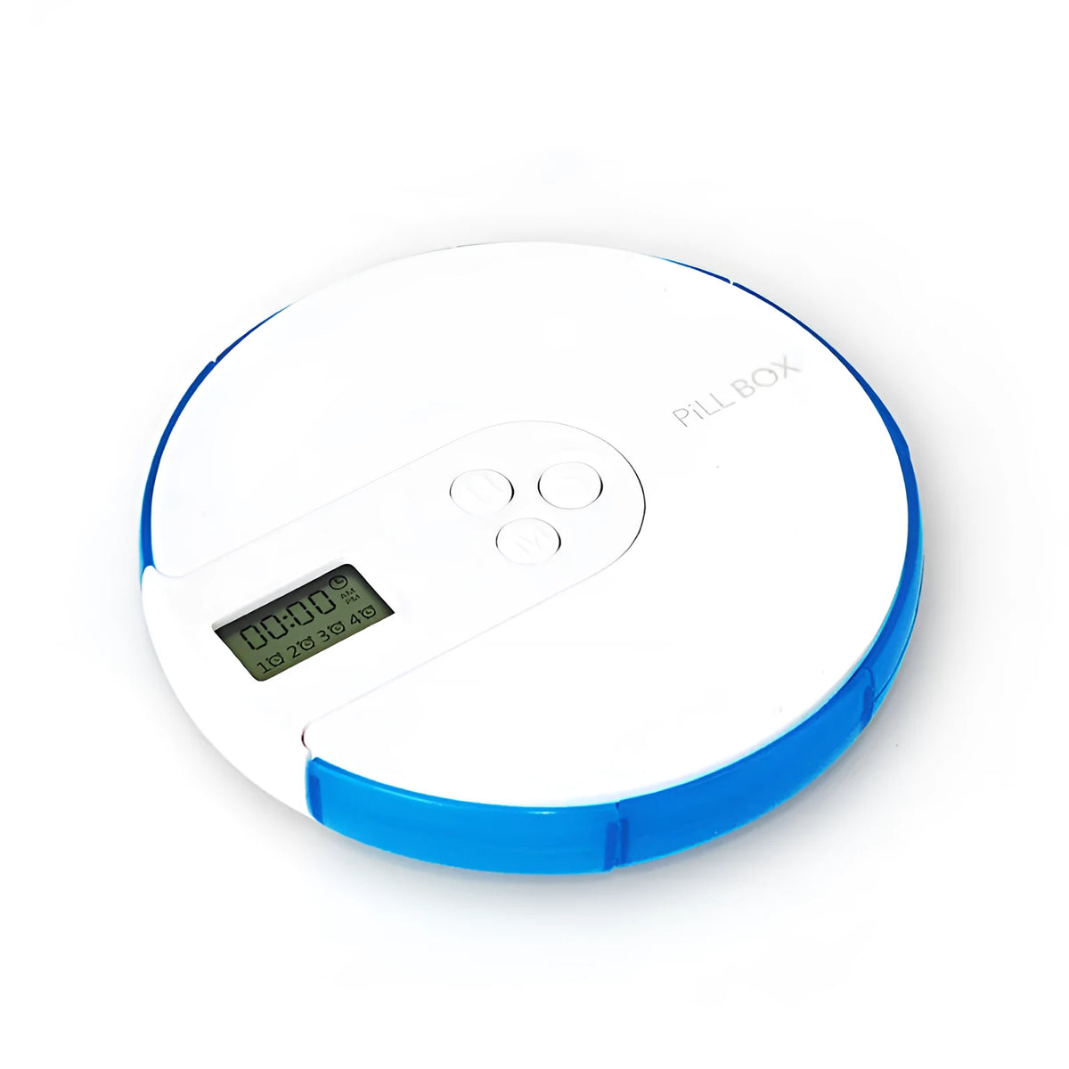 Seven-compartment electronic pill dispenser with alarm clock display showing timer settings