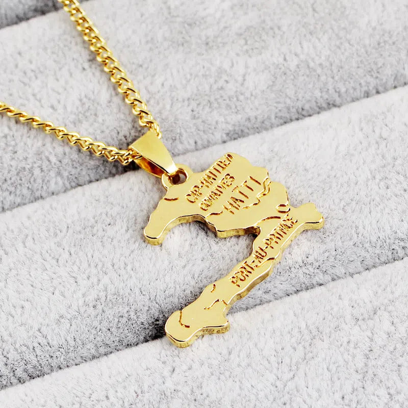 Gold-colour alloy Haiti map necklace with snake bone chain and extension chain under 10cm
