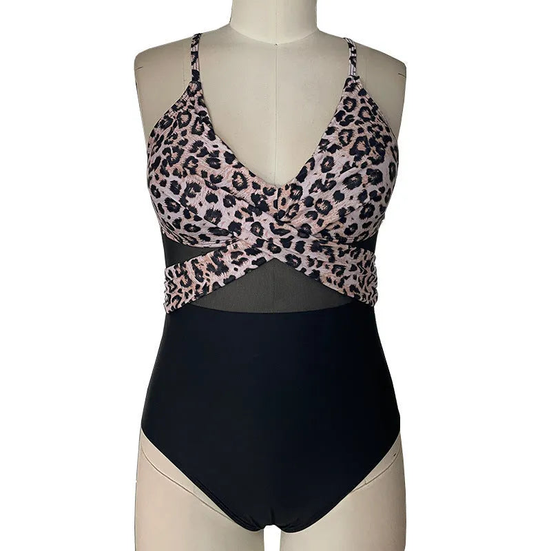 Women's mesh spliced backless one-piece swimsuit in black with polyester lining, size S to 2XL