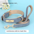 Fashionable rose red mohair and leather double-layer dog collar with matching rope, shown on a size chart.