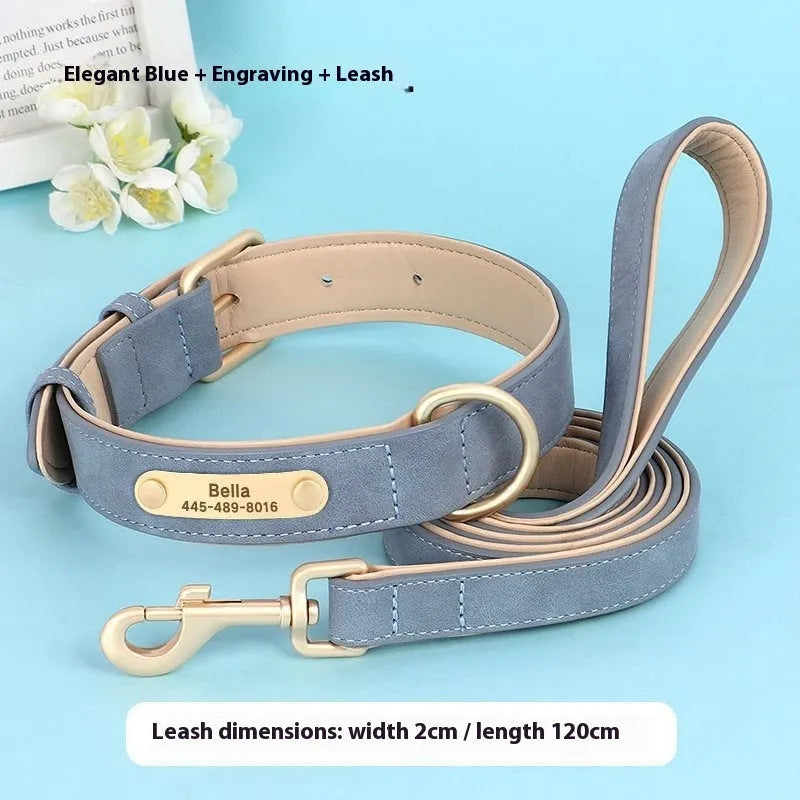 Fashionable rose red mohair and leather double-layer dog collar with matching rope, shown on a size chart.
