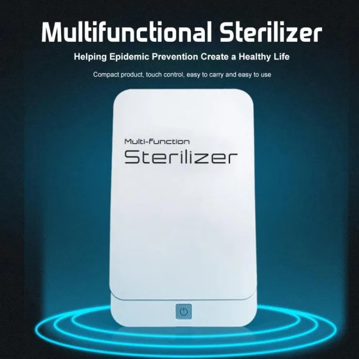 Compact blue UV phone steriliser unit with lid open, showing interior chamber for mobile phone disinfection.