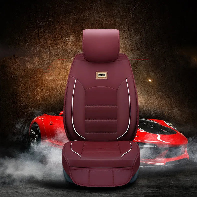 Five-seat car seat cushion cover set in leather-style material with cotton filler, available in multiple colours