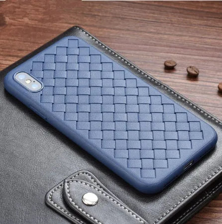 Luxury grid weaving pattern iPhone case in various colours showing slim TPU design and raised screen edges.