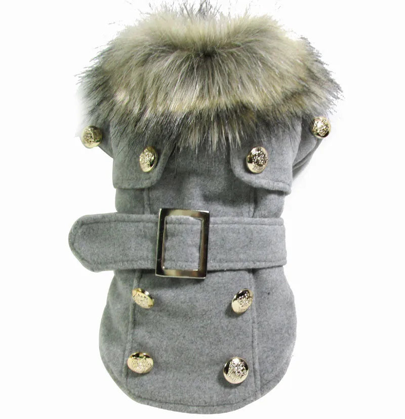 Wool blend dog coat in grey for small pets, size S to XL, warm winter jacket