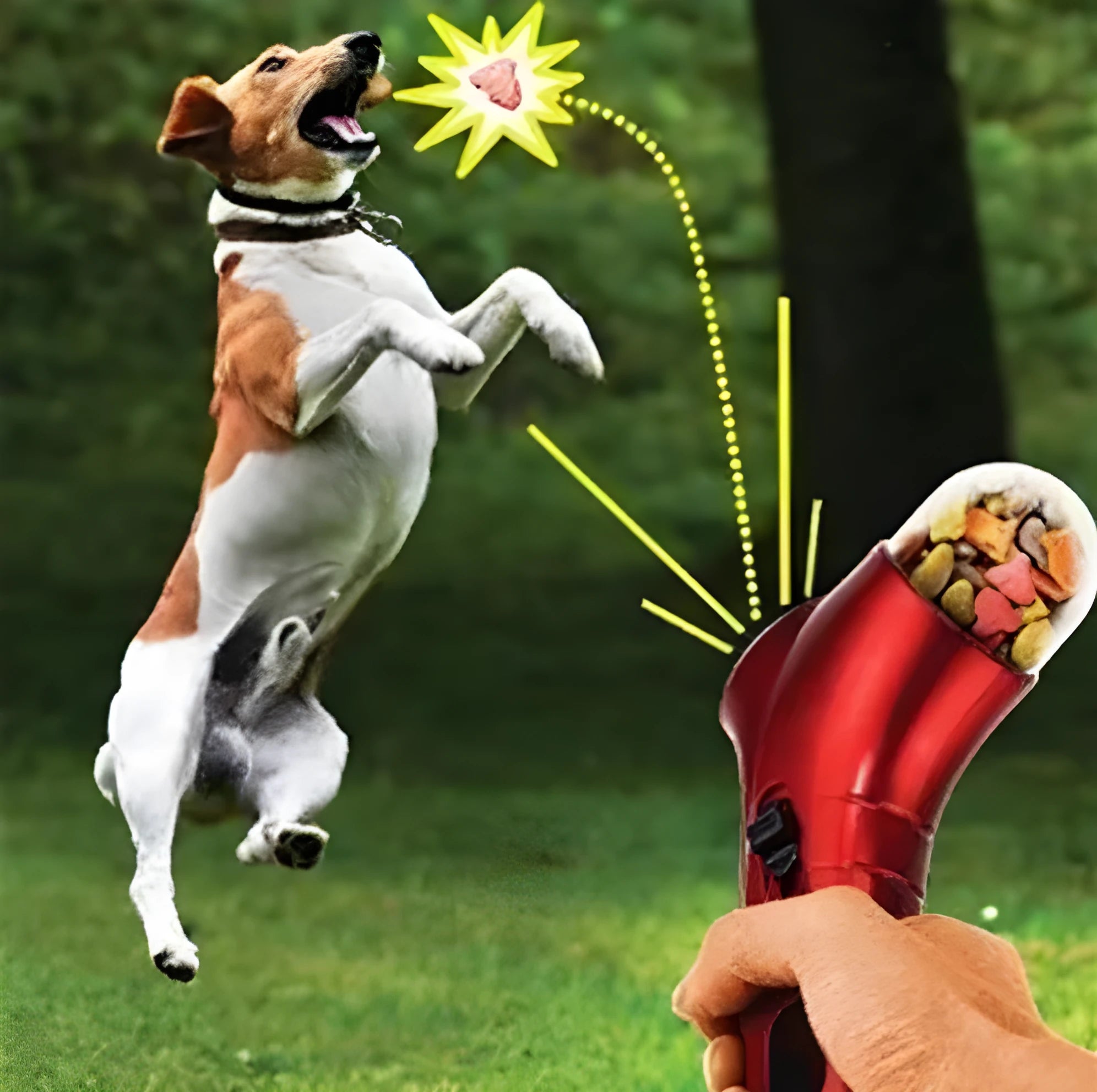 Pet treat launcher made of ABS plastic with spring-loaded trigger and wrist strap