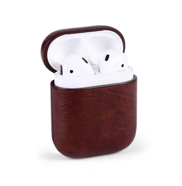 Leather protective case for Apple AirPods charging case in black, brown, red, and light brown options.