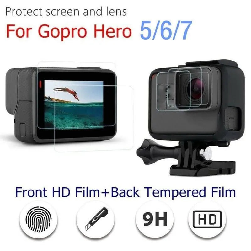 Transparent tempered glass lens and LCD screen protector set for GoPro Hero 5, 6, and 7 cameras