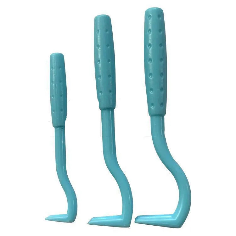 Plastic flea tick extractor tool for dogs and cats, shown in blue and green colour options