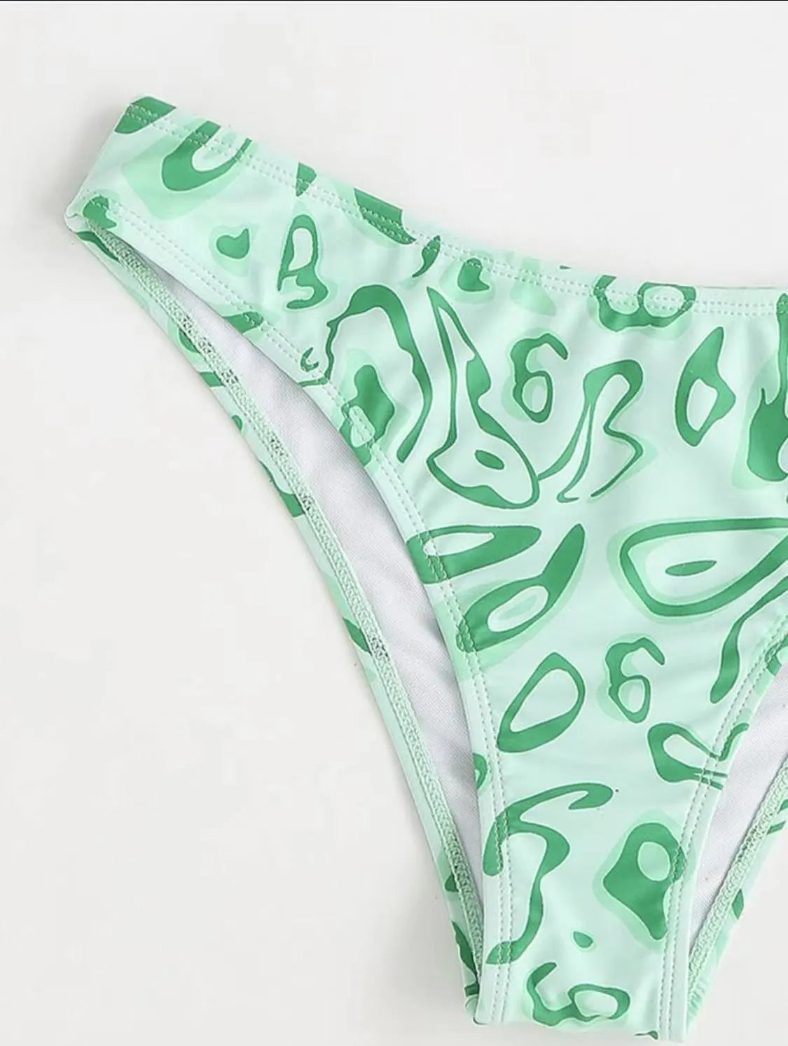 Green floral bandeau bikini swimsuit with backless design and split-style briefs