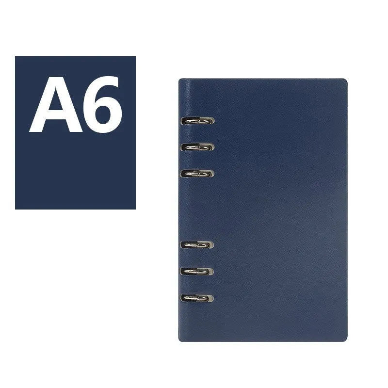 A5 loose-leaf business notebook with a black imitation leather cover, open to show beige paper.