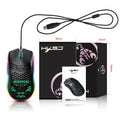 J900 honeycomb shell gaming mouse with RGB lighting on a desk