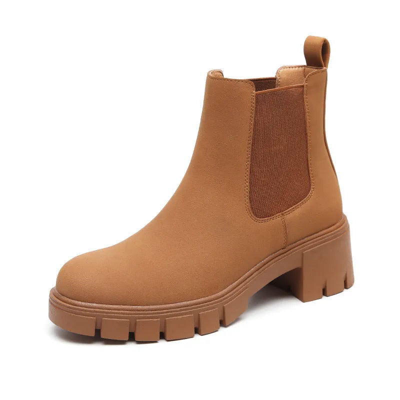Women's thick bottom suede Dr Martens boots in brown with mid heel and side zip