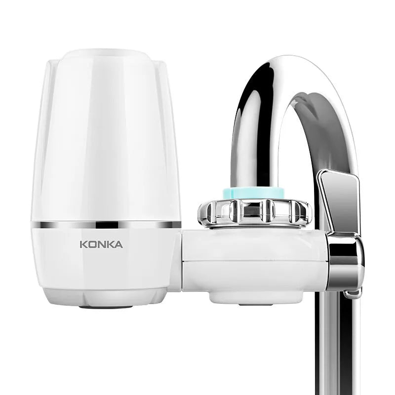 White plastic faucet water filter with ceramic cartridge and universal adapter for kitchen tap