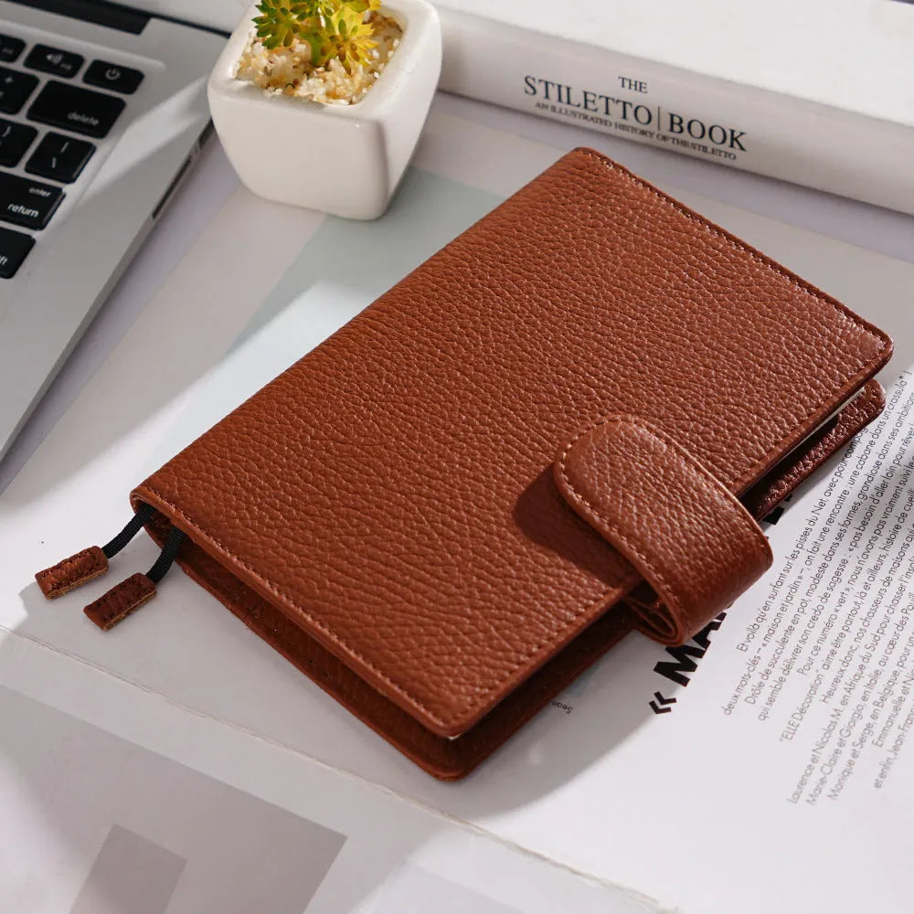 A6 loose-leaf cowhide diary with lychee pattern cover, 12 x 16.5cm, in off white, pink, or white.