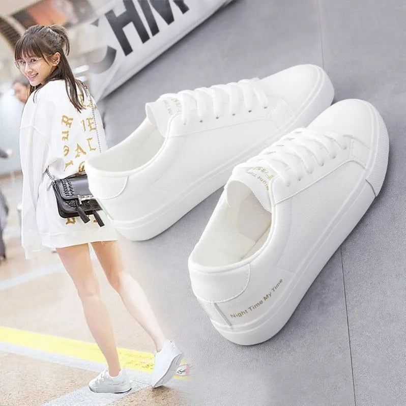 Women's white canvas sneakers with rubber sole and polyester lining, sizes 35-40, casual trainers