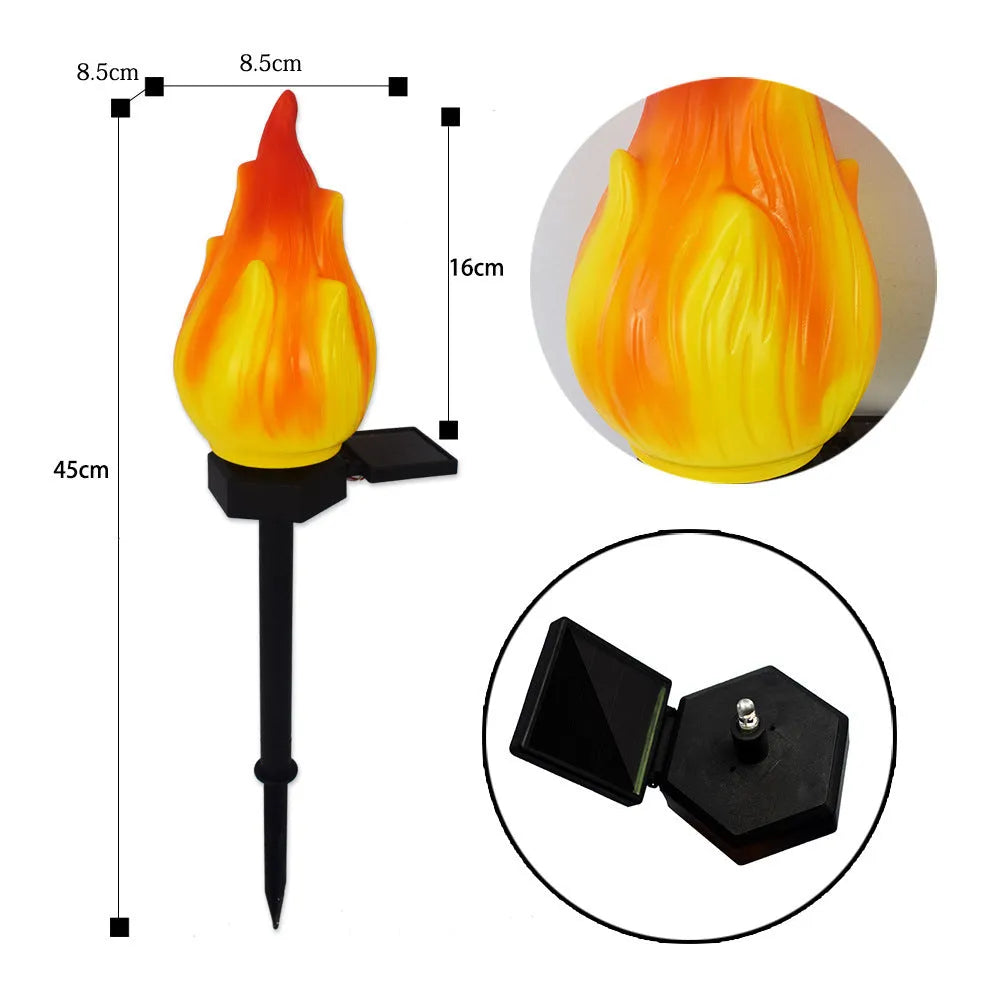 Solar simulation flame lamp with wrought iron frame and yellow flame effect in garden courtyard