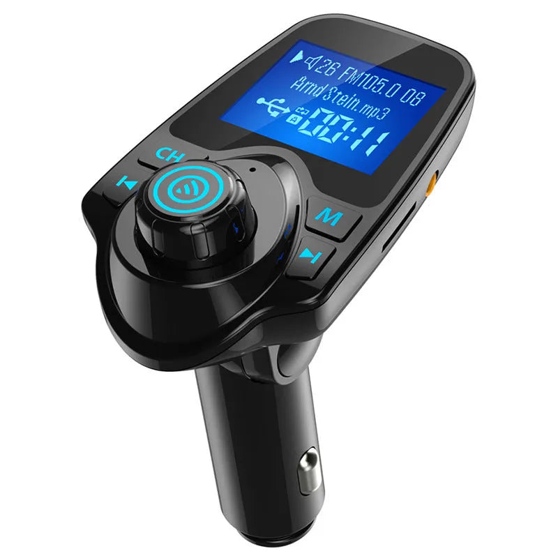 Black G7 Bluetooth car FM transmitter and hands-free kit plugged into a car's 12V socket.