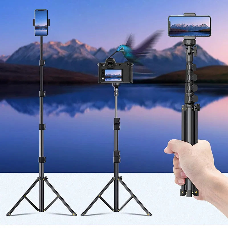 Black aluminium selfie stick tripod extended showing five sections with iPhone mounted