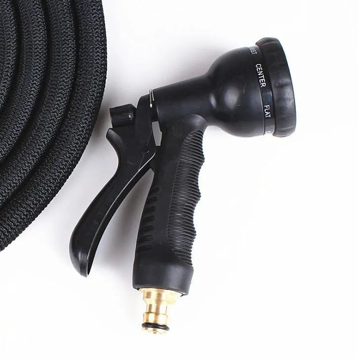 Expandable flexible water hose with braided outer sleeve, available in 25ft to 125ft sizes and Black Green Red colours.