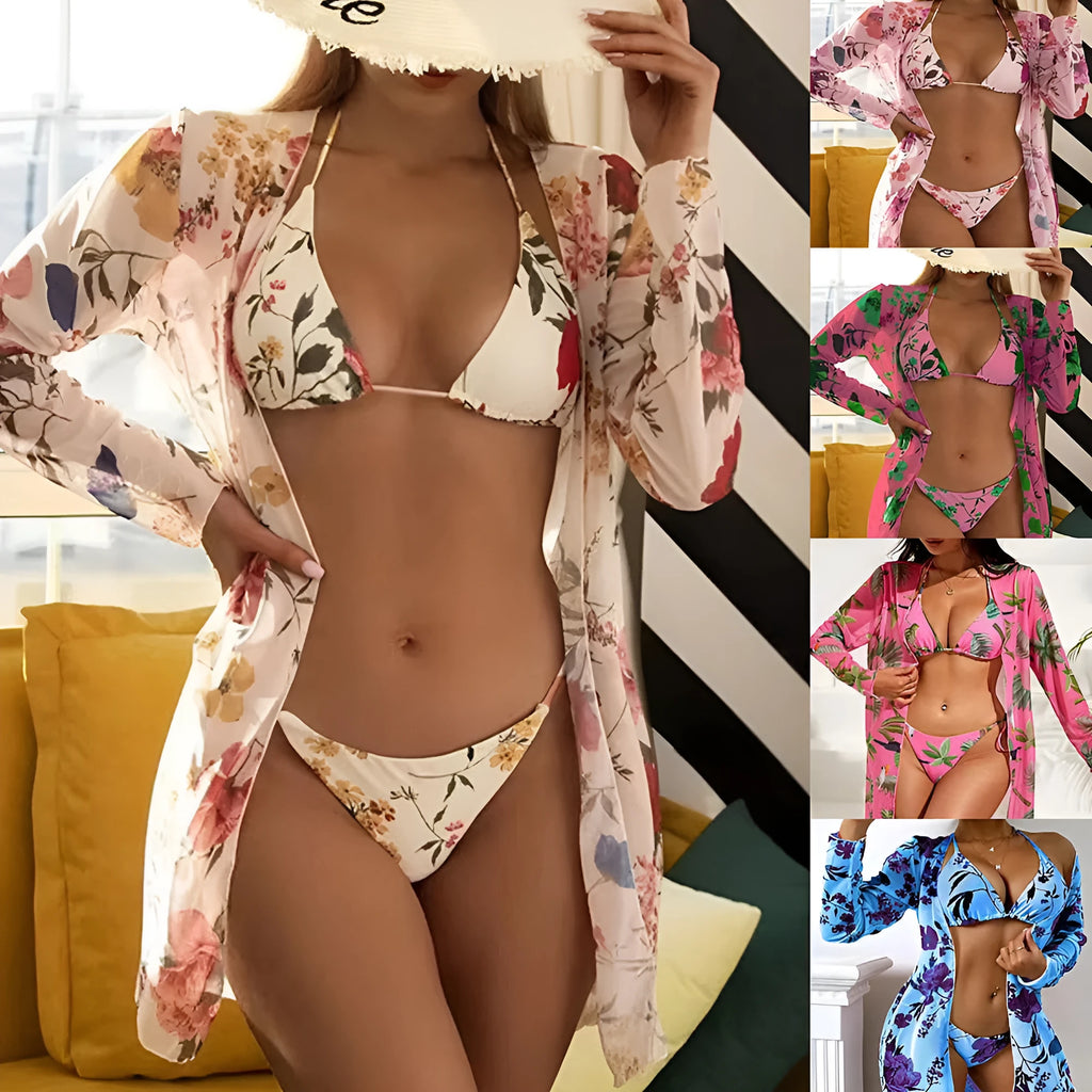Women's floral print swimsuit three-piece set with mesh blouse in multiple colour options