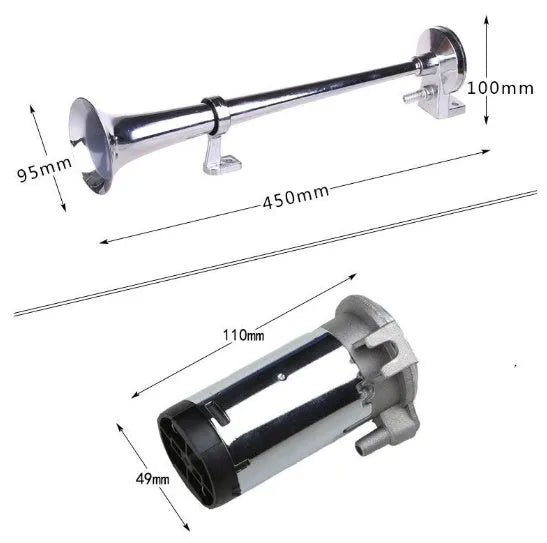 Single trumpet car horn 450mm 12V chrome finish loud train horn
