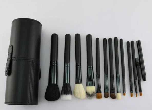 12-piece makeup brush set in PU cylinder tube with wool horse hair fibre heads, wooden handles, black and pink options