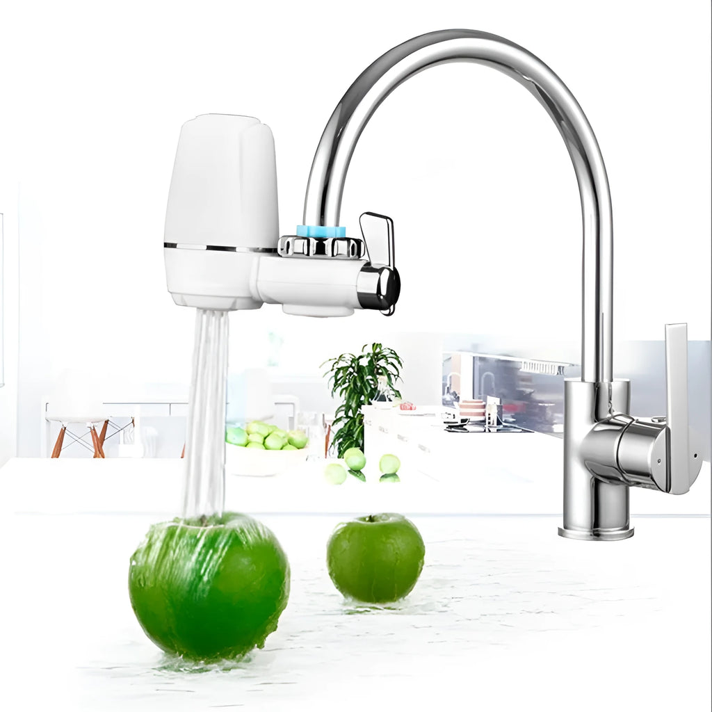 White plastic faucet water filter with ceramic cartridge and universal adapter for kitchen tap