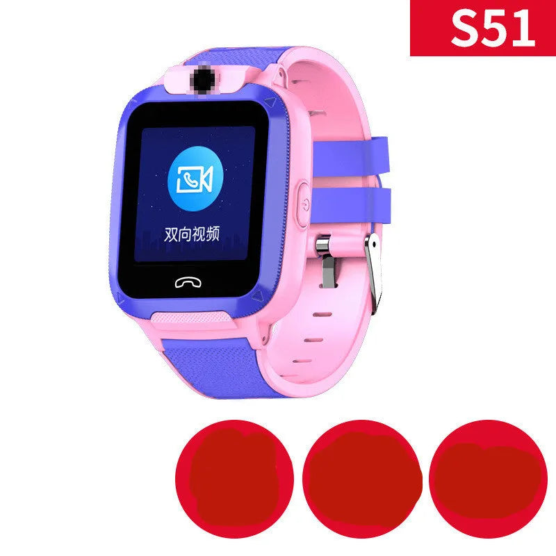 A children's smart watch with a coloured strap on a wrist, showing a 1.44-inch screen displaying a GPS map and call interface.
