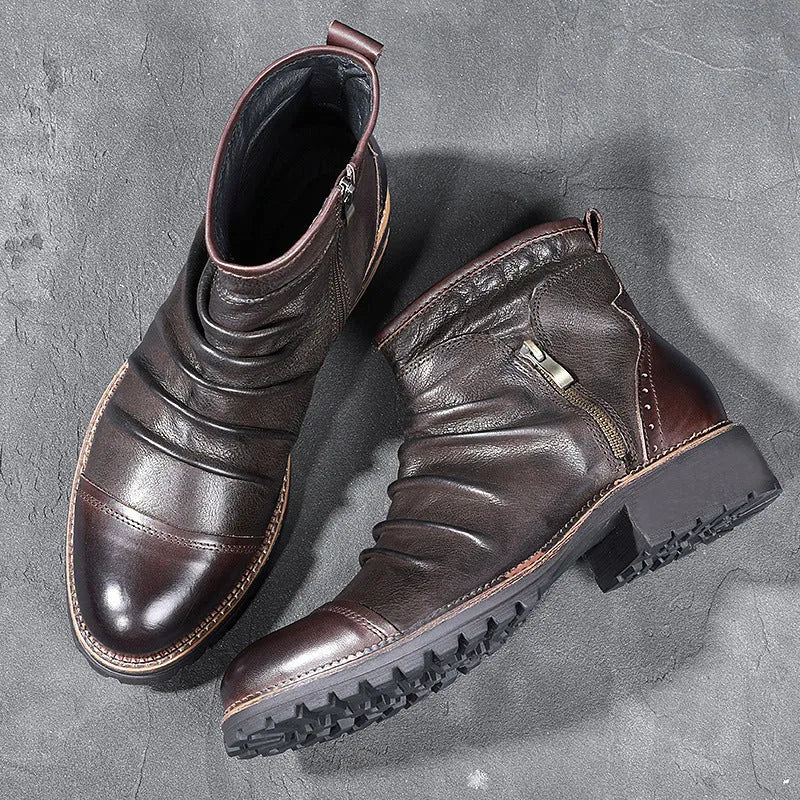 Men's black cowboy boots with side zip fastening and embossed leather-look texture