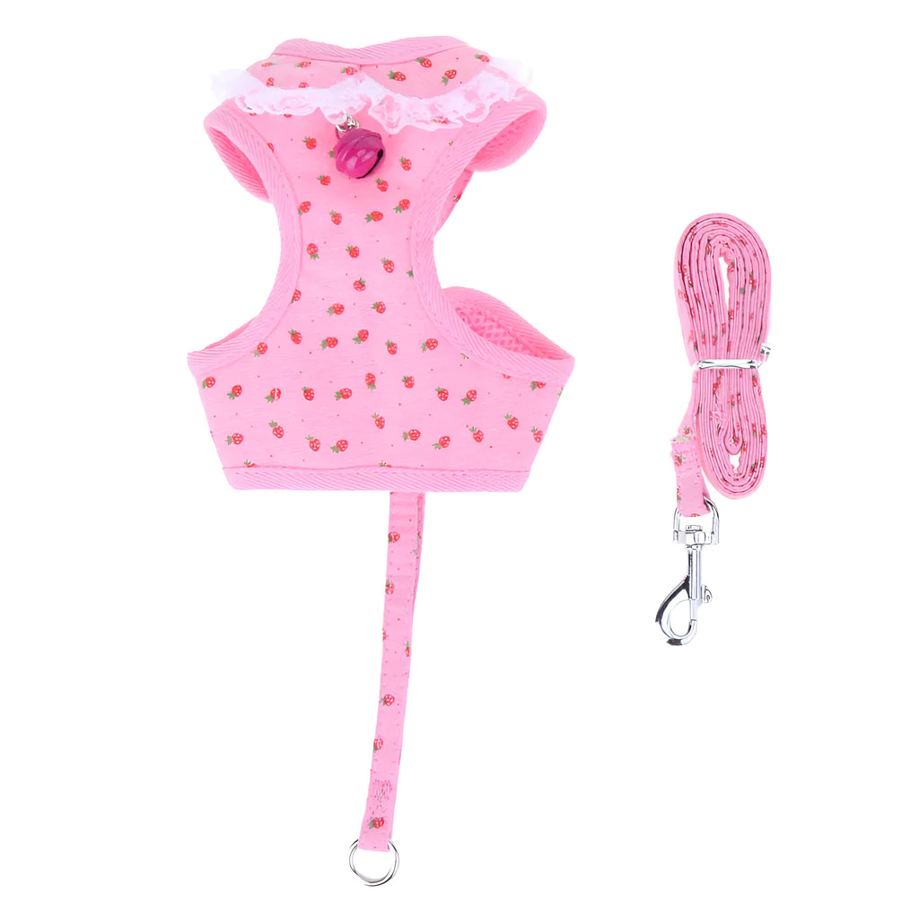 Pet strawberry chest rope dog harness in pink or grey with metal buckle, mesh fabric and bow tie, sizes S to XL