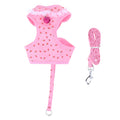 Pet strawberry chest rope dog harness in pink or grey with metal buckle, mesh fabric and bow tie, sizes S to XL