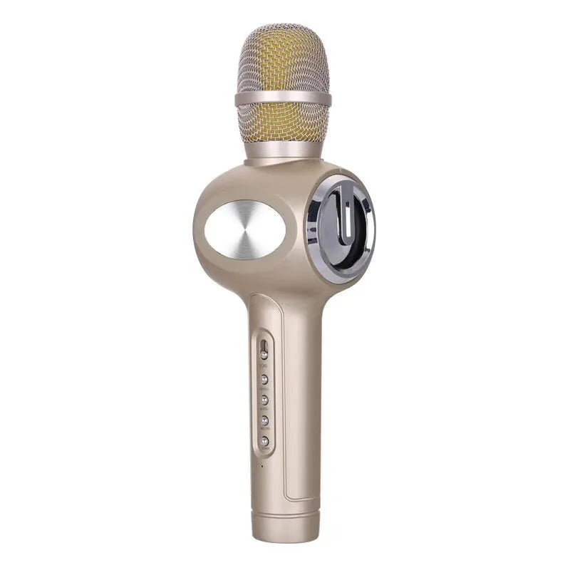 Yaerjia E108 handheld karaoke microphone in black, gold, or pink with rechargeable battery.