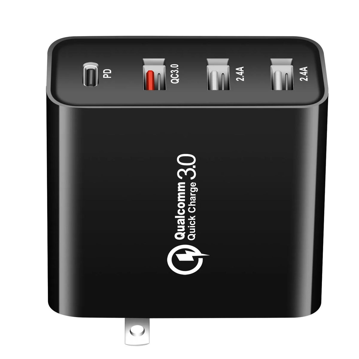 Black 48W four-port USB-C wall charger with multiple international plug adapters
