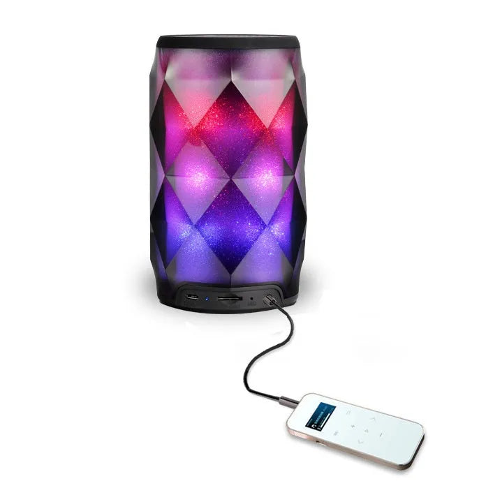 Black crystal diamond-cut Coke can shaped Bluetooth speaker and lantern with colourful LED lights.