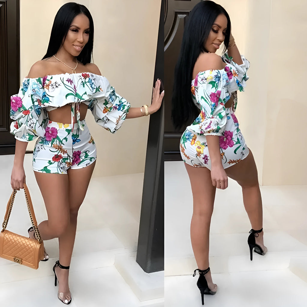 Women's two-piece set with multicolour digital print, pile sleeves on crop top, and matching shorts.