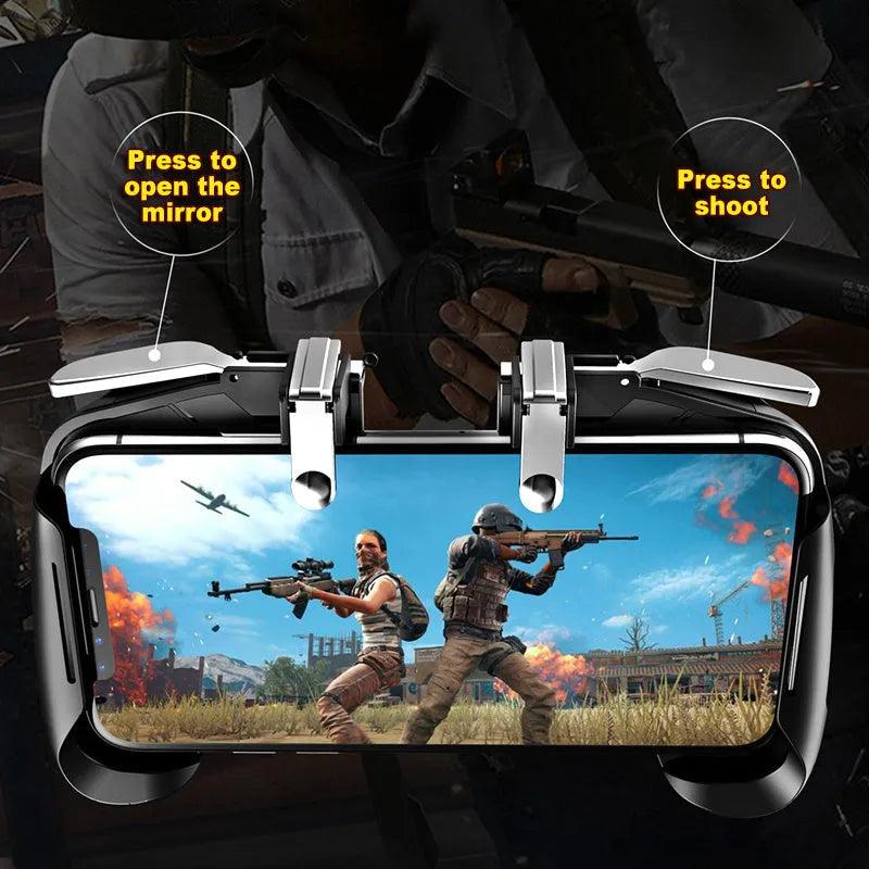 Multifunctional mobile game handle with telescopic bracket extended, shown in black, blue, and white colour options.
