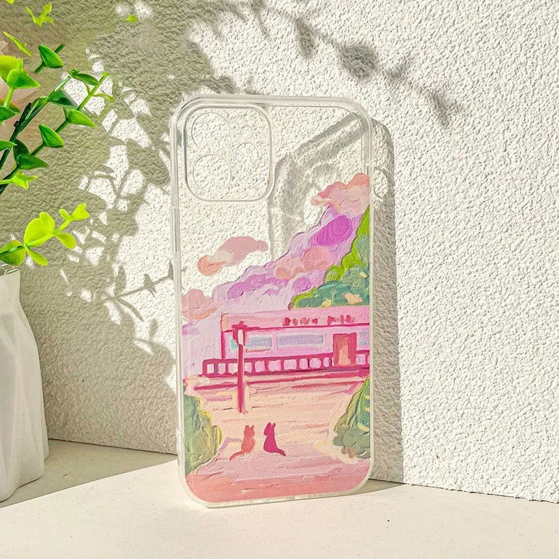 Soft silicone iPhone case with a colourful two cat cartoon design on the back.